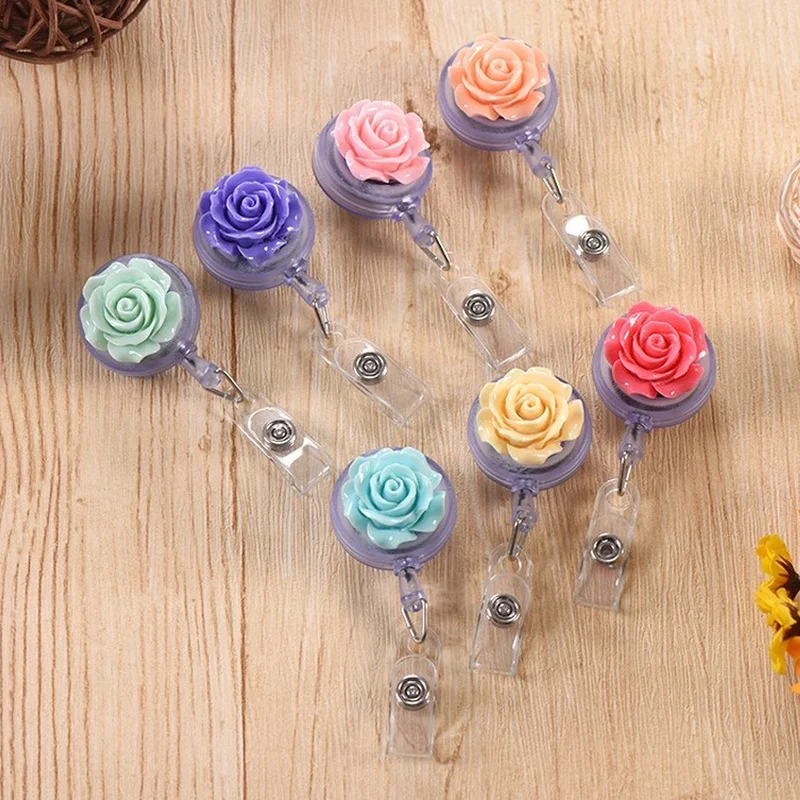 

1PC Resin Rose Flower Badge Reel for Staff Work Pass Card Holder Name ID Holders Tag Chest Pocket Clip Badges Landyard