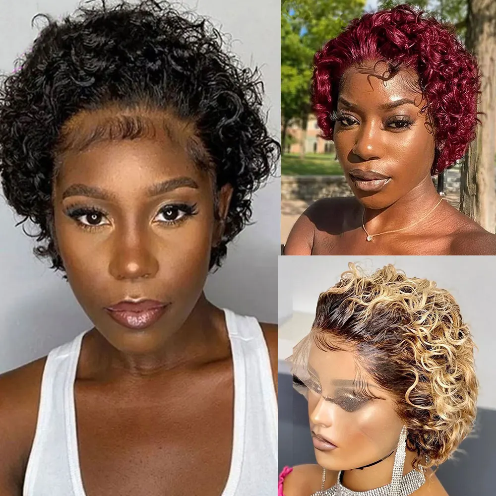 Short Curly Human Hair Wigs Pixie Cut 13x1 Curly Lace Front Human Hair Wigs for Black Women Colored Brazilian Human Hair Wigs