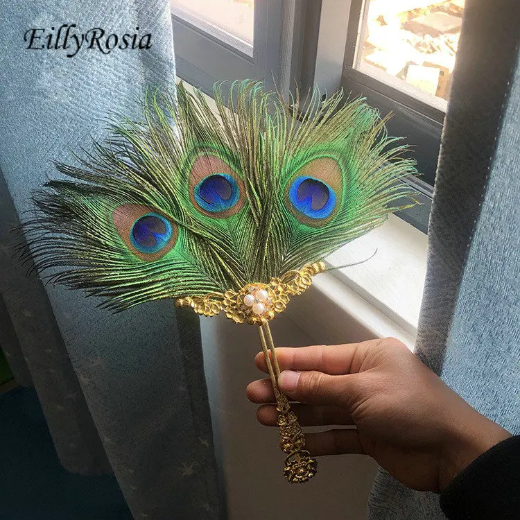 

EillyRosia New Design Peacock Feather Fan for Bride Black Ostrich Feather Fan Double Side Nigerian African Wedding Party Fan