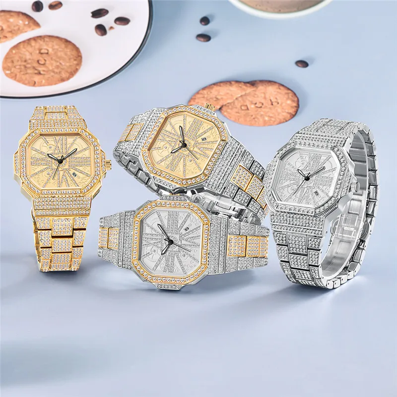 Men Big Brand Golden Watches Hip Hop Full Diamond Luxury Fashion Alloy Band Simple Date Quartz Watch Montres de Marque de Luxe