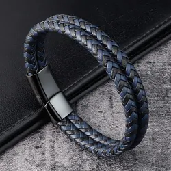 Men's Black and Blue Braided Leather Double - Band Bracelet (Blue)