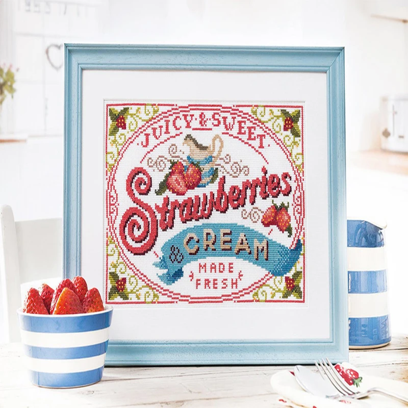 High Quality Embroidery Strawberries and Cream Cross Stitch Kits for Adults with Cotton Floss & Needlework for Wall Decor
