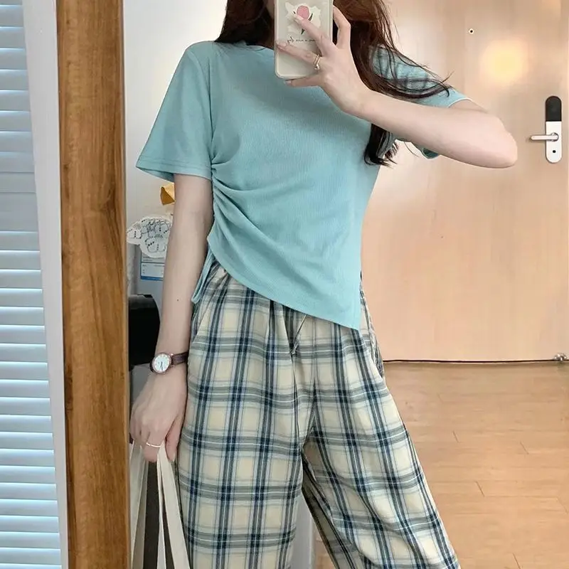 

Summer New Women Plaid Pants Loose High Waist Straight Casual Trouser Japan Female Fashion Elegant Solid Vintage Slacks Pantalon