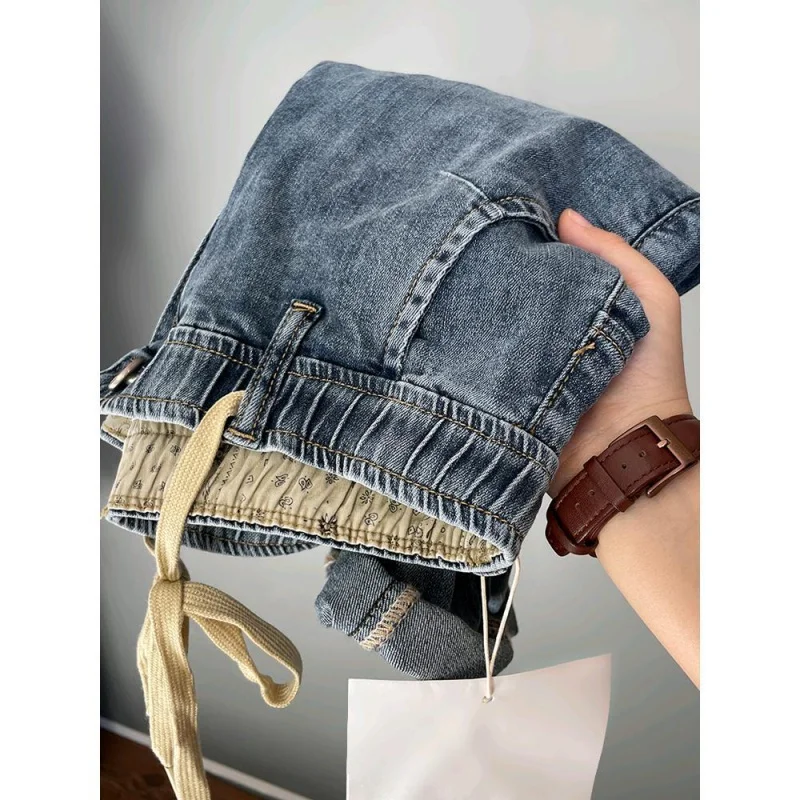 2024 new cotton MEN'S jeans comfortable elastic tight waist elastic slim fit straight leg casual pants