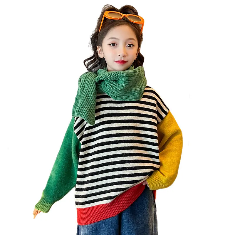 

2023 Autumn New 5 6 8 10 12 14Years Child Long Sleeve Tops O-Neck Knitted Fashion Patchwork Jacket For Big Girls Korean Sweaters