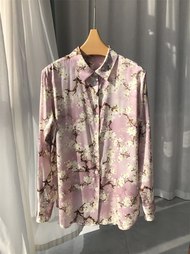 

Women's Blouse 2024 New Spring Ink Painting Fresh Single-Breated Satin Turn-Down Collar Slim Elegant Sweet Shirt
