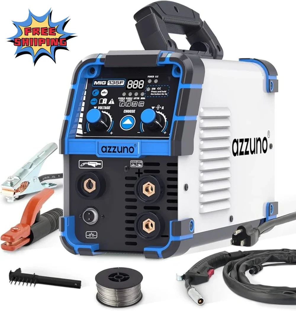 135 Amp MIG Welder, 3 in 1 Multiprocess Welder 110V Flux Core Welder Flux MIG/Lift TIG/Stick Welding Machine Synergic Control