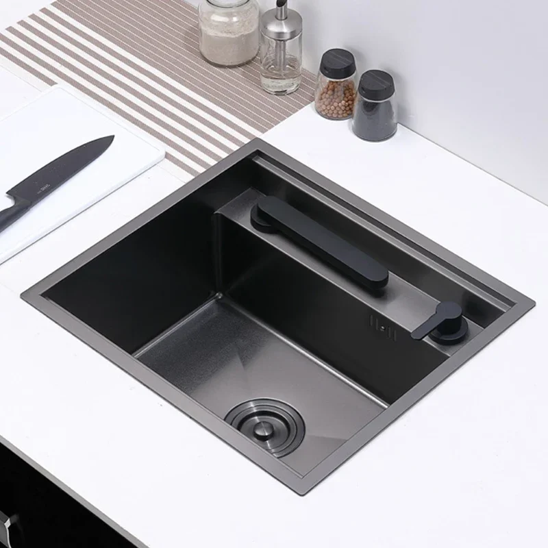 Cloaking Nano Double Cover hidden kitchen Sink 304 Stainless Steel Handmade Brushed Single kitchen Sink With Lifting Faucet