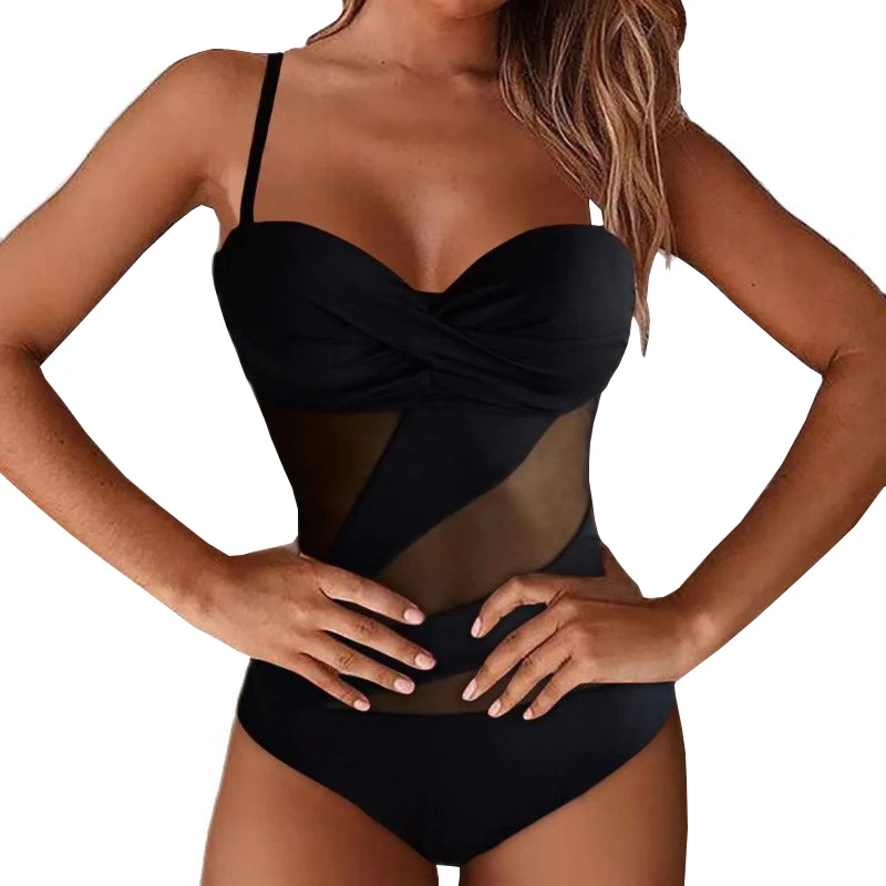 Black Sexy Net One Piece Swimsuit Closed Female Swimwear Push Up Body Women's Swim Wear Bathing Suit Beach Pool Bather 2024