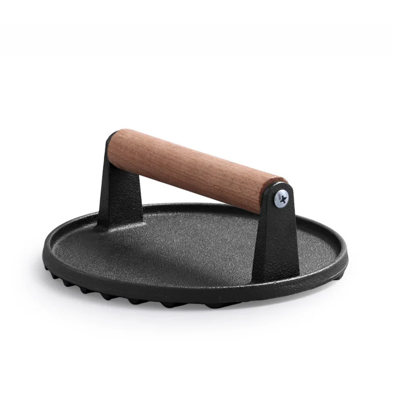 

NUBECOM 1PC Cast Iron Steak Plate Hamburger Meat Press Tool Wooden Handle Round Steak Pressing Plate Teppanyaki Kitchen BBQ Tool