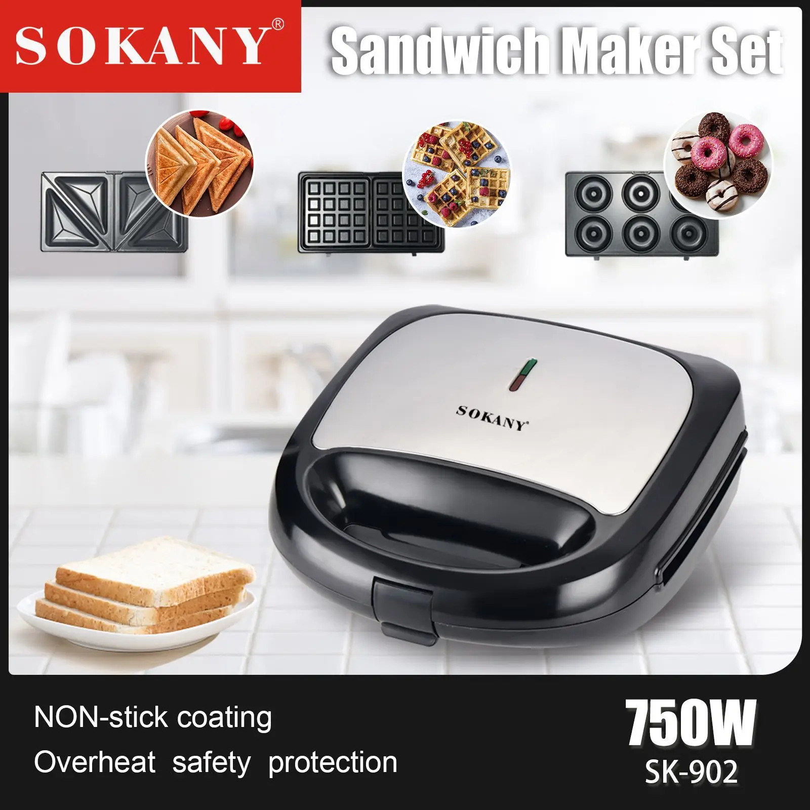 BLACK+DECKER 750W Sandwich Maker 2 Slot Non-Stick 3in1