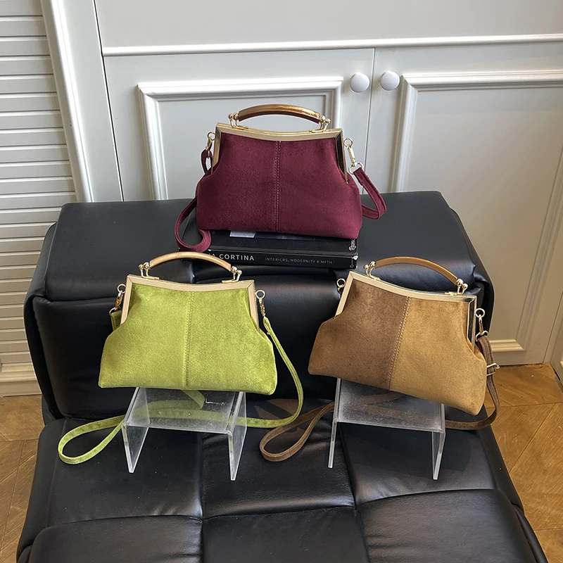 LETSIDE Borsa a mano in pelle scamosciata con manico in legno - immagine 5