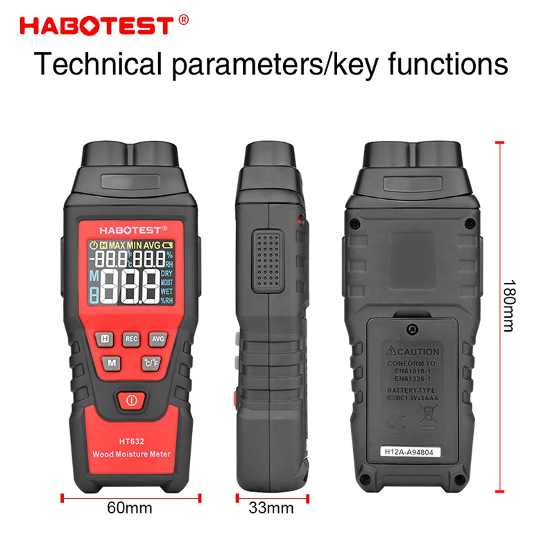 Wood Moisture Meter HT632 Wood Moisture Meter Wall Water Tester Digital Humidity Meter HABOTEST Two Pins Hygrometer Concrete Cement Brick Detector