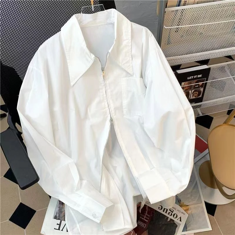 Korean Women Spring Autumn Blue Jacket White Shirts Skirts Matching Sets Lady Graceful Slim Coat Zipper Blouse A-Line Skirt Suit