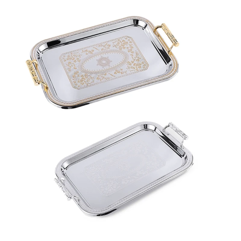 Nordic Stainless Steel Serving Tray with Handles Elegant Rectangular Coffee Bar Holder Dessert Display Plate Decor 3