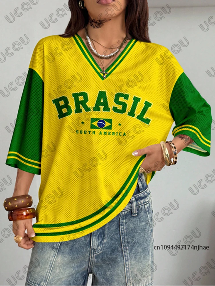 Summer New Brazil Print T Shirt For Women V-Neck Patchwork Short Sleeve Sports Football Jersey Y2K Loose Oversized Vintage Tops - Image 5