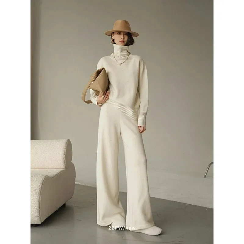 

Idle Style Temperament High Collar Knitting Suit Women's Closing 2023 Autumn and Winter New Gentle Sweater Wide Leg Pants