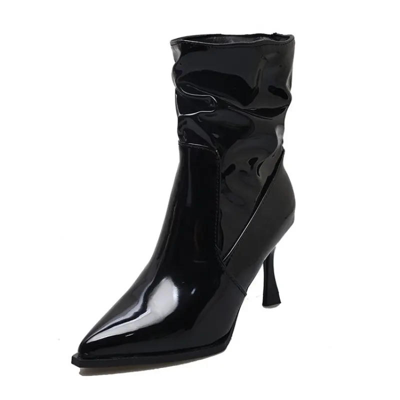 2024 Women Gloss Patent Leather Boots Winter Fashion Trendy Pleated Boots Woman Pointy Toe Spike Heels Shoes 35-39