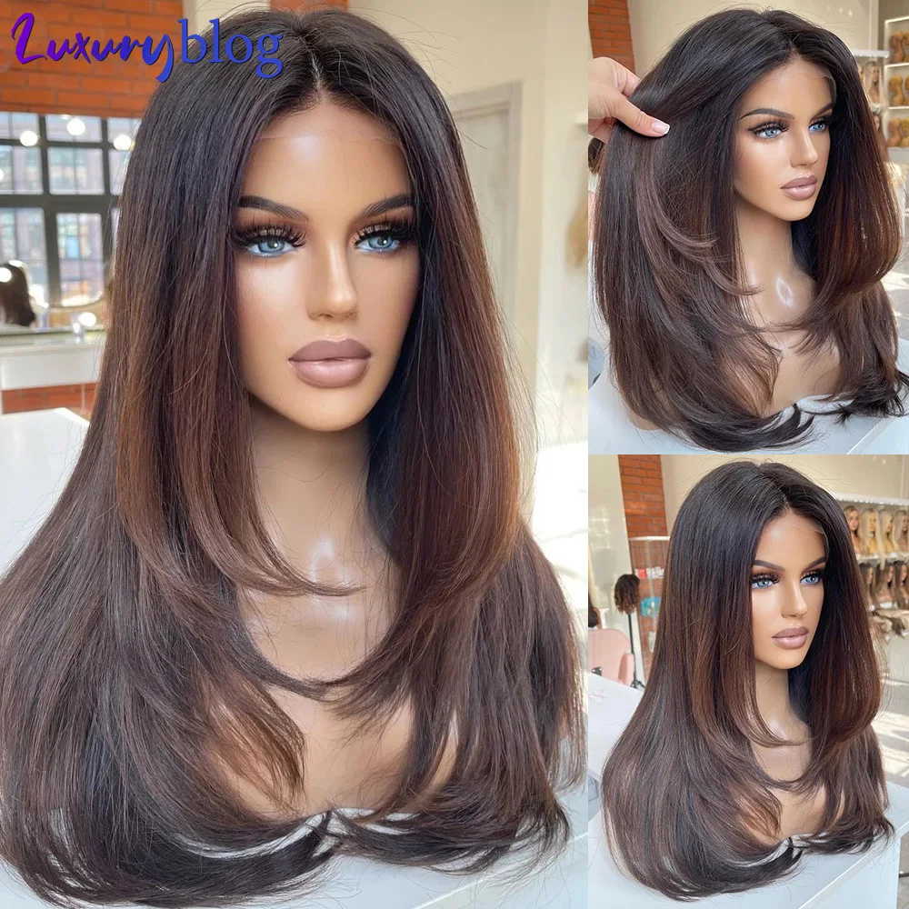 Ombre Brown Straight Human Hair Wigs for Women 180 Density Lace Front Wig Pre Plucked Brazilian Hair Natural Lace Frontal Wig 1