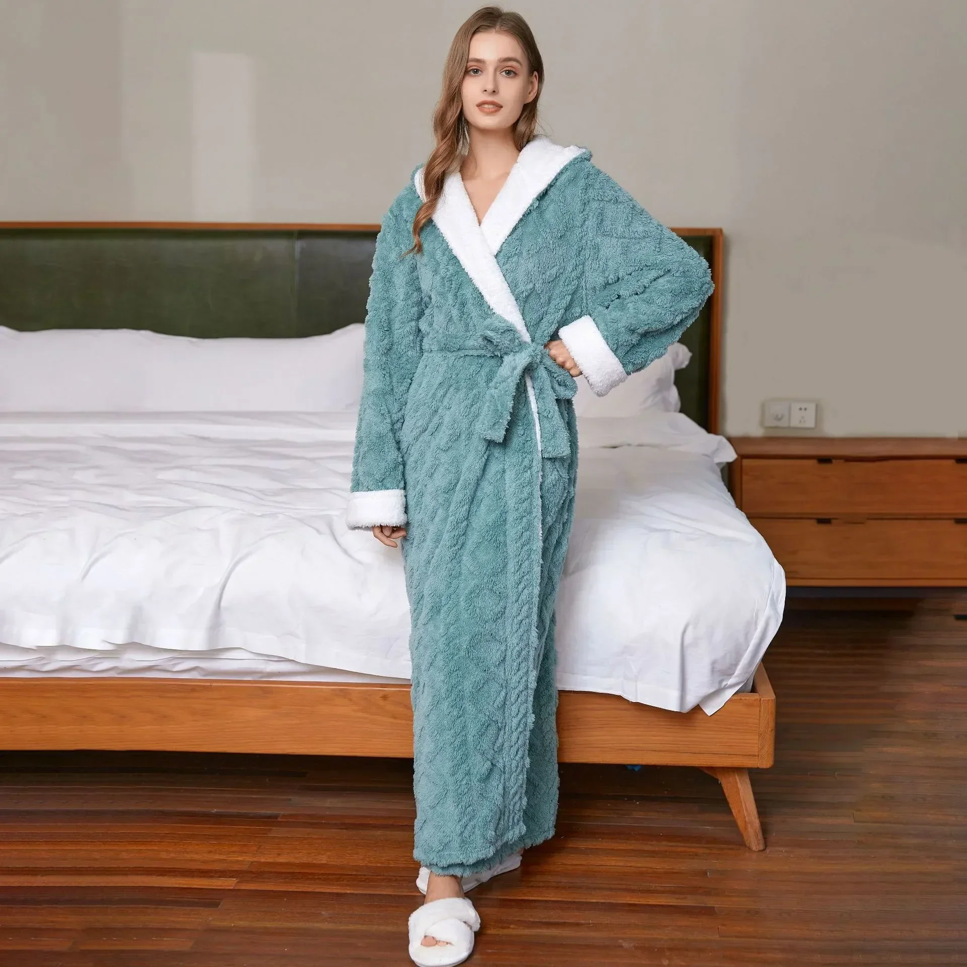 

Sleeve Thick Bath Flannel Pockets Dressing Women For Fleece Gown Ladies Hooded Robe Warm Long Bathrobe Solid Female