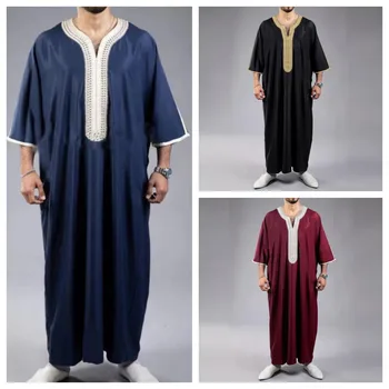 Summer 2025 Kaftan Muslim Men's Short Sleeve Embroidered Loose Casual Robe Breathable Islamic Abaya for Men