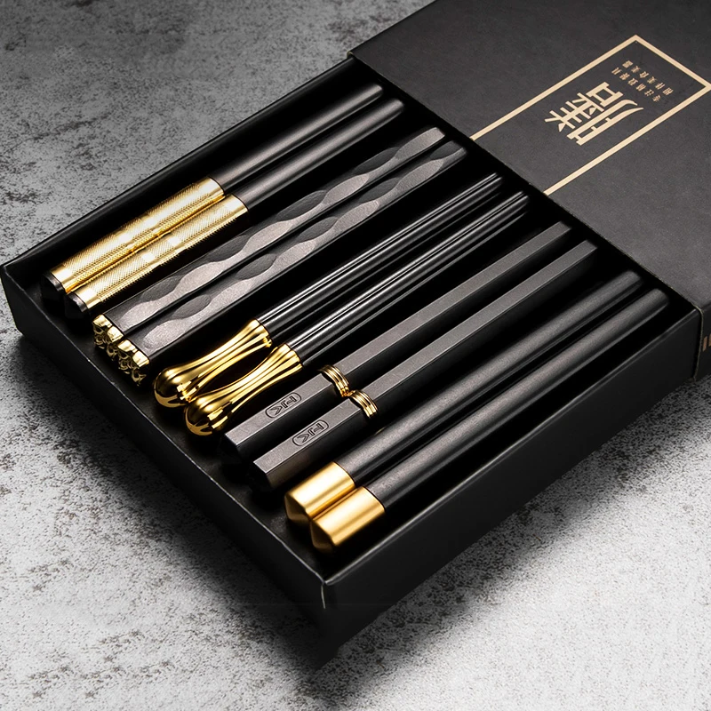 5-10Pairs Black Chinese Japanese Alloy Chopsticks Sushi Food Sticks Reusable Stainless Steel Gift |