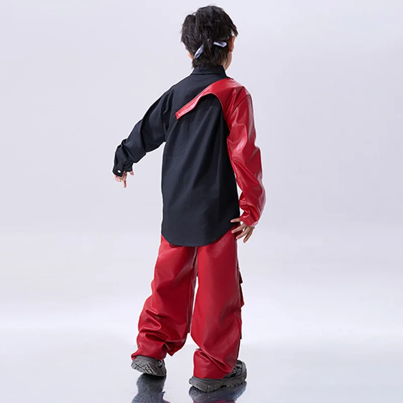 Girls Red Hip Hop Costume Crop Top Red Arm Covers Leather Pants for Boys Kids Jazz Clothes Street Dance Stage Set
