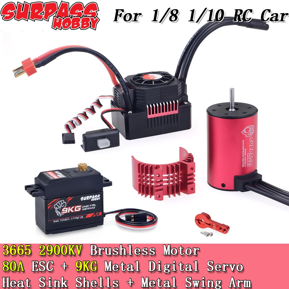 

Surpass Hobby 9KG Metal Servo+Metal Swing Arm+Heat Sink Shells+Brushless Motor+80A ESC+3665 2900KV Combo for 1/8 1/10 RC Car
