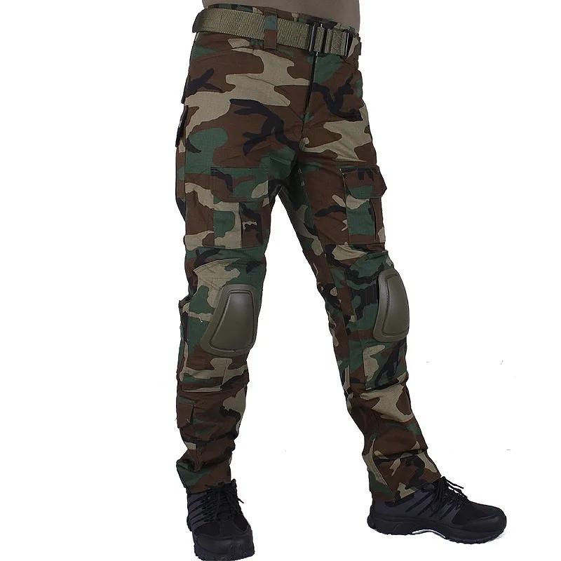 Woodland Camouflage Combat Pants Hunting Hiking Training Trousers Men Cargo BDU Pants Camo Airsoft Tactical Pants With Knee Pads