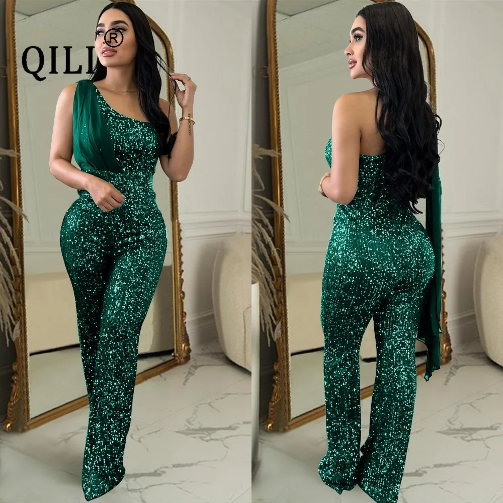 QILI-Women's One Shoulder Sequined Romper, Sleeveless Jumpsuit, Elegant Fashion, Black, Green, Red