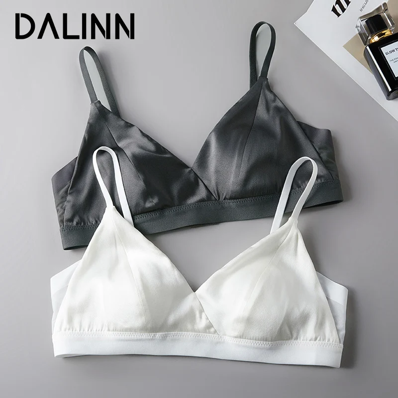 Women's Solid Bra, 93%Real Silk 7%Spandex Underwear, Triangle Cup Female Underwear, Thin padded Brassiere 2024, White, grey 1