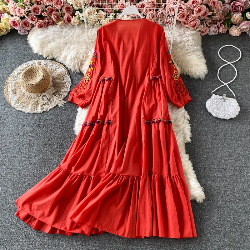 Women's Floral Embroidery Boho Dress - Short Sleeve V-Neck Cotton Linen Vintage Beach Dress - View #7
