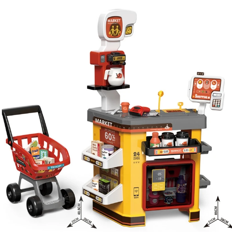 Hot  Simulation Supermarket Toys With Shopping Cart Scanner Cashier Kitchen Toys Birthday Gift Refrigerator Spray Anime Gift 4