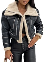 Women Faux Leather Biker Jacket with Faux Fur Trimmed Collar Vintage Moto Coat Warm Winter Outerwear