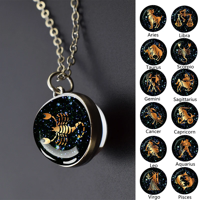 12 Constellation Necklace Zodiac Signs Double Side Glass Ball