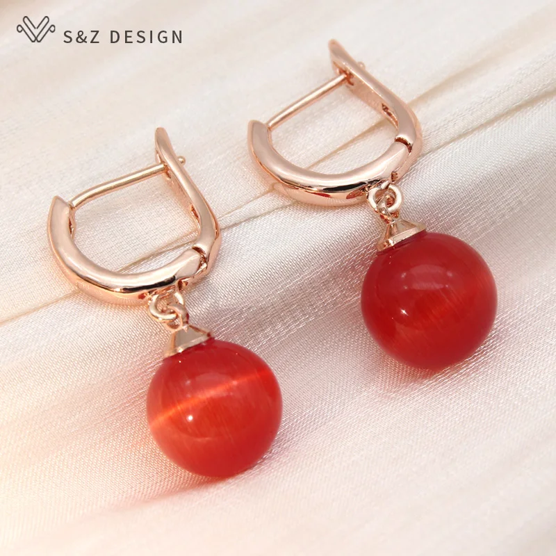 S&Z DESIGN New Fashion 585 Rose Gold Color Round Opals Cat's Eye Beads Drop Earrings For Women Wedding Party Trendy Jewelry