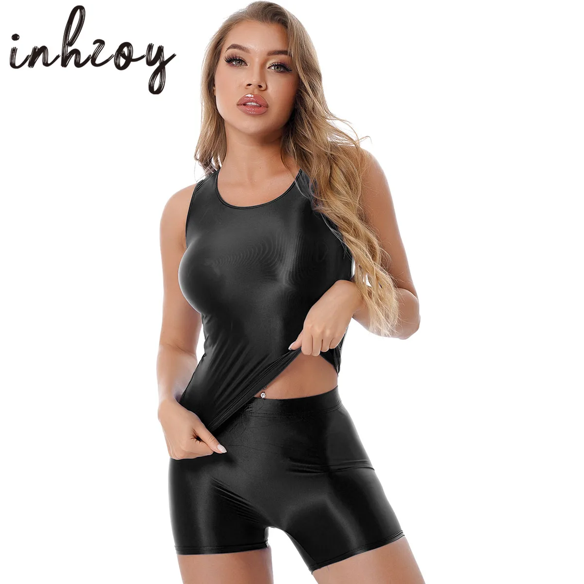 

Womens Glossy Two-piece Outfit Oil Shiny Smooth Tank Top with Shorts Set for Yoga Sportswear Swimwear Swimsuit Bathing Suit