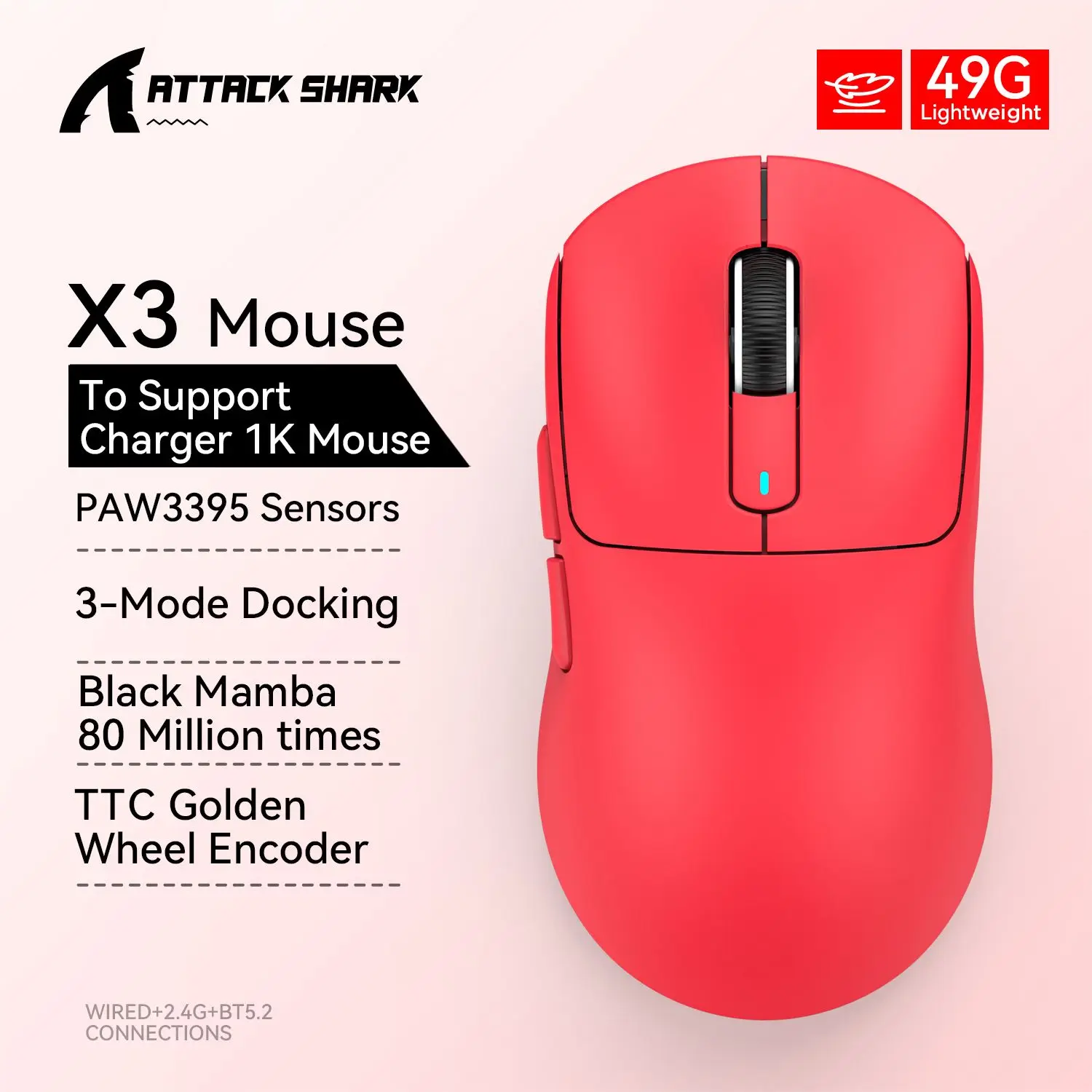 ماوس بلوتوث للألعاب الماكرو ، هجوم القرش X3 ، خفيف الوزن ، بكسل الفن ، PAW3395 ، 26000 ديسيبل متوحد الخواص ، 650IPS ، اتصال ثلاثي الوضع ، 49g