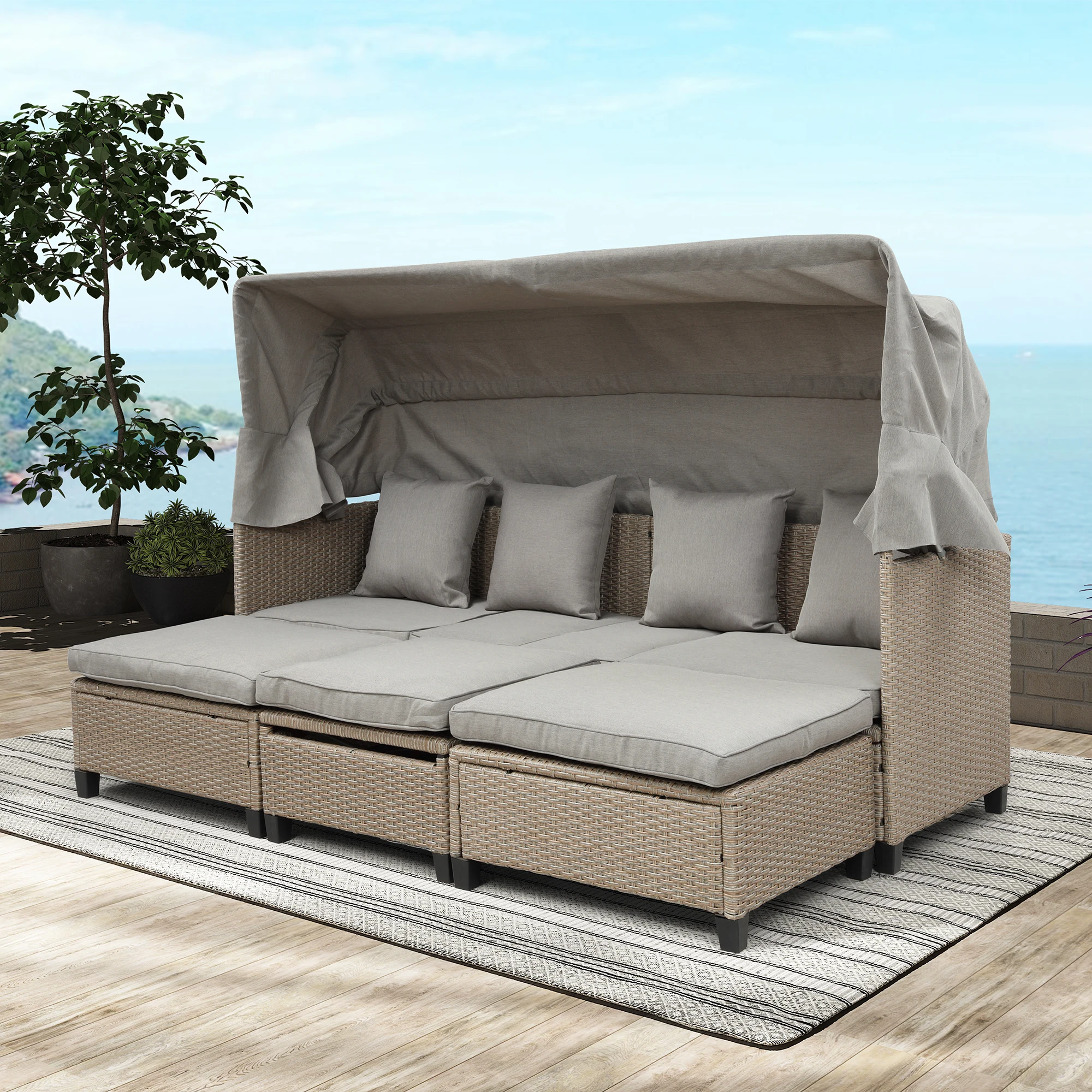 

4 Piece UV-Resistant Resin Wicker Patio Sofa Set with Retractable Canopy, Cushions and Lifting Table,Brown