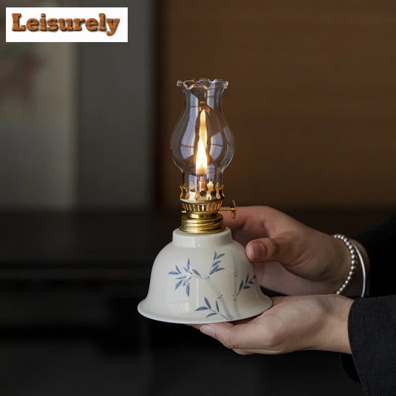 Wood Ash Ceramic Butter Lamp Chinese Nostalgic Kerosene Lamp Household Interior Atmosphere Lamp Retro Tea Ceremony Decoration