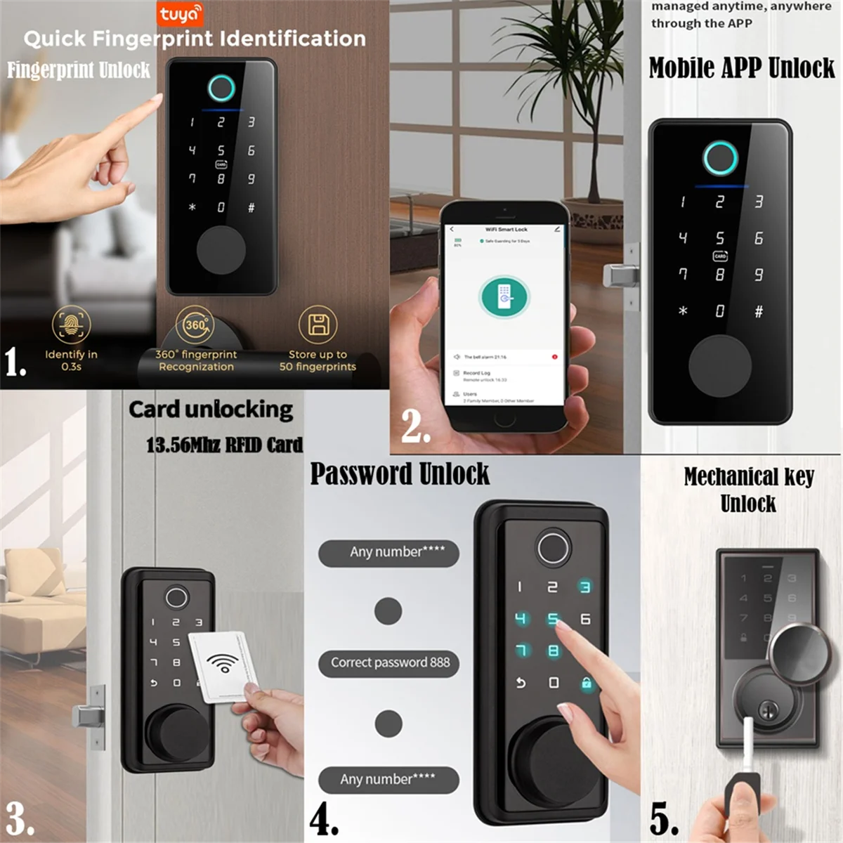 U-VBN-Tuya App Remote Control Smart Door Lock Deadbolt with Keys Fingerprint Lock Electronics Digital House Electronic