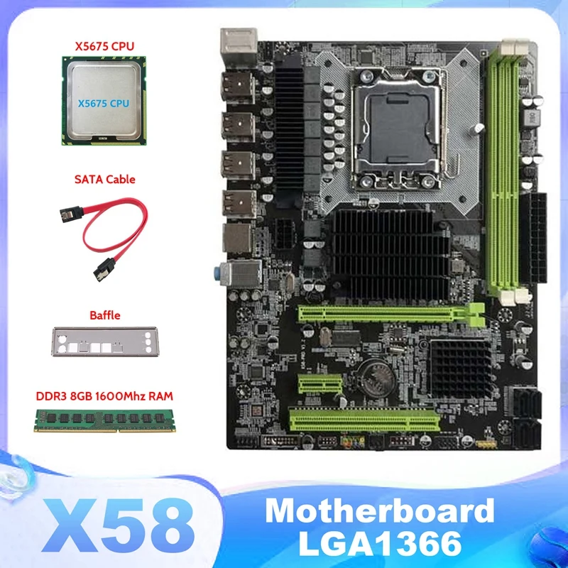 

Материнская плата X58 LGA1366, компьютерная материнская плата с поддержкой RX, графическая карта с процессором X5675 + DDR3 8 Гб 1600 МГц ОЗУ + кабель SATA