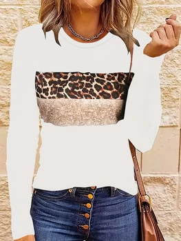 Alternative view of Camisetas con estampado de leopardo para mujer, Camisetas básicas informales de manga larga con cuello redondo…