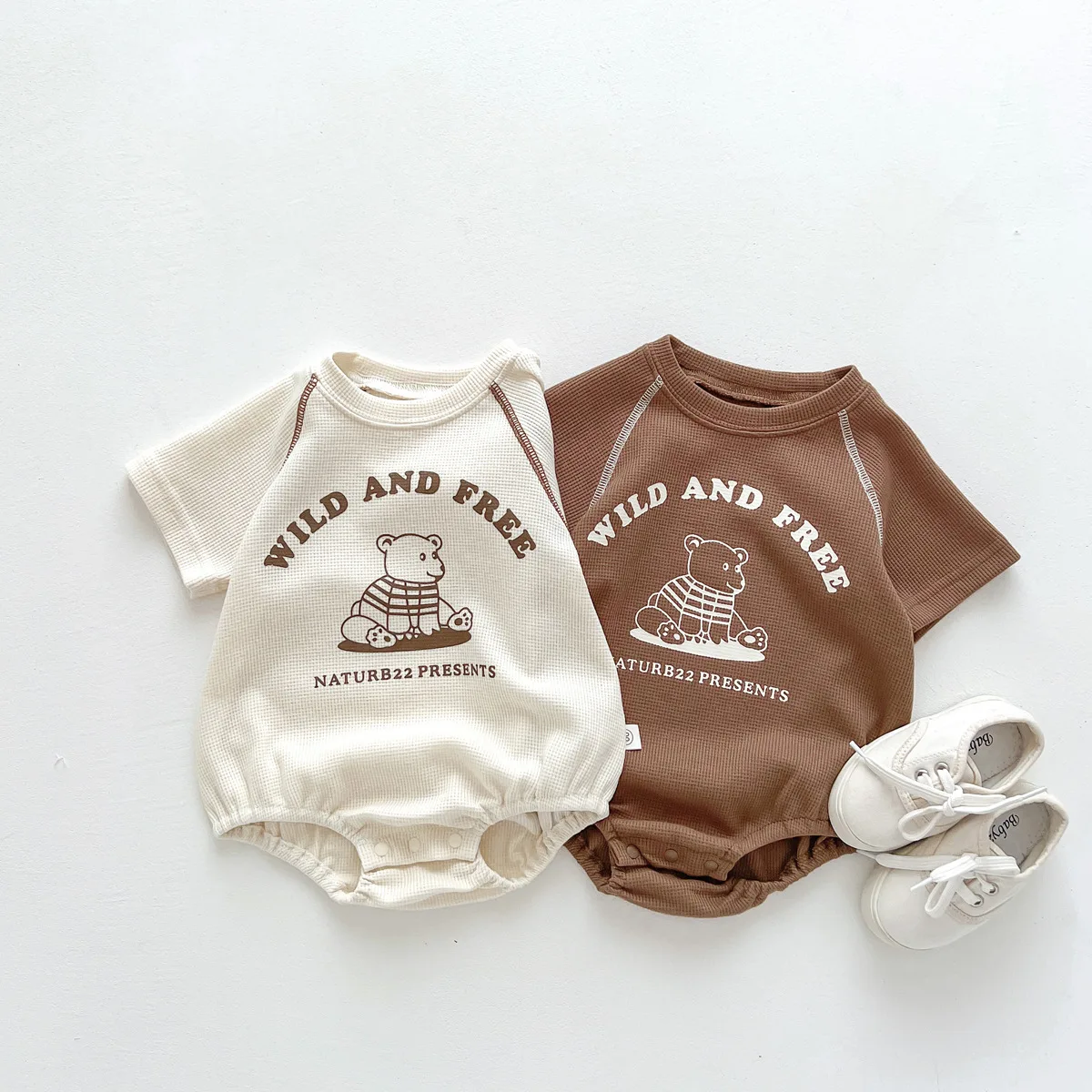 

2023 Summer Waffle Baby Bodysuit Short Sleeve Cotton Newborn Infant Boys Cartoon Jumpsuit Korean Toddler Girls Casual Clothes
