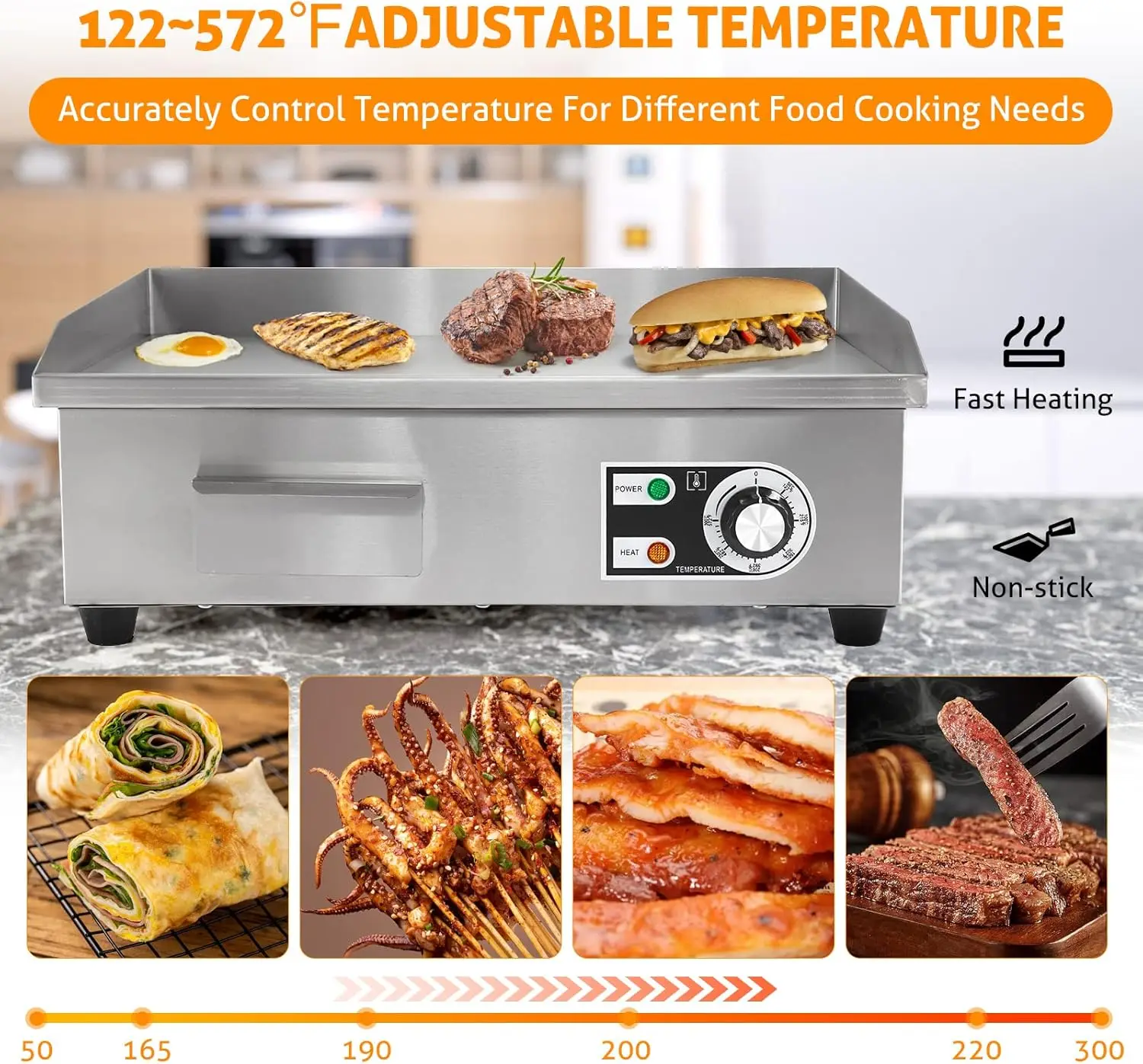 Griddle 22" 3000W Flat Top Grill Countertop Griddle Stainless Steel Teppanyaki Grill w/Iron Cooking Plate for Restaurant Kitchen 6