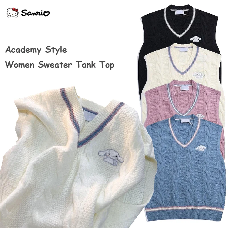 

Academy Style Women Sweater Tank Top Kawaii Sanrio Cinnamoroll Loose Y2k V-neck Pullover Knitting Sleeveless Top Spring Autumn