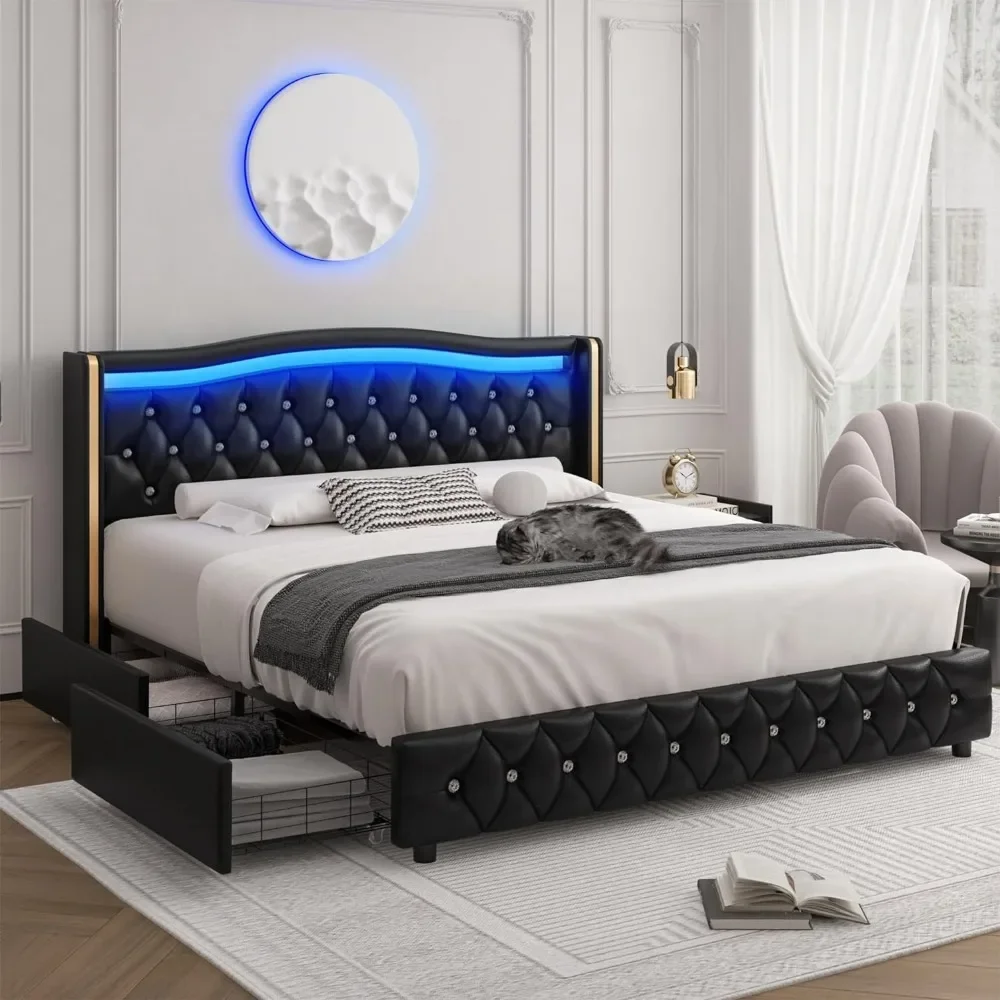 King Smart LED Platform Bed Frame with 4 Storage Drawers Crystal Button-Tufted & Stainless Gold Trim Wingback Headboard