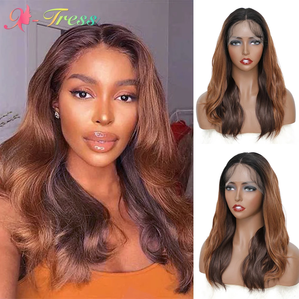 

X-TRESS Synthetic Lace Front Wig Ombre Honey Brown Body Wave with Baby Hair Middle Part Transparent Lace Wigs for Black Women