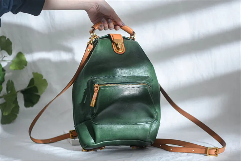 High quality genuine leather ladies backpack multi-function real cowhide women small bookbag fashion vintage green cute bagpack