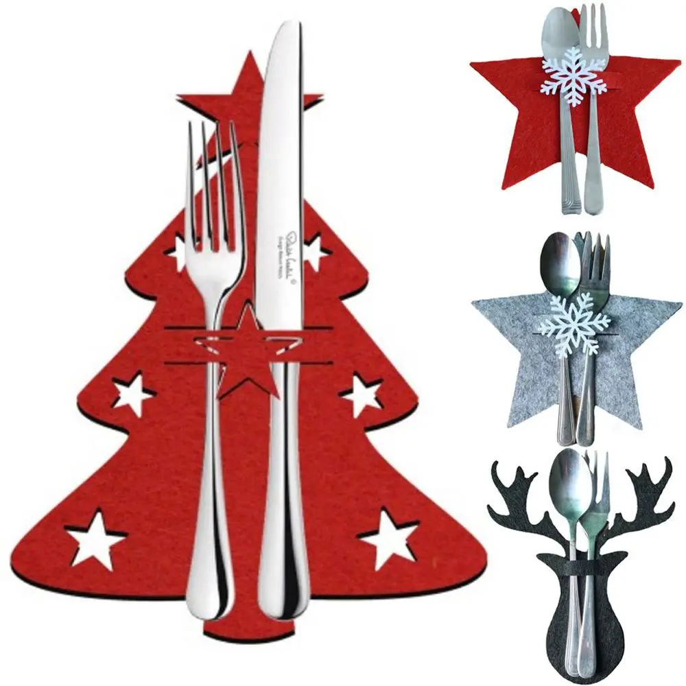 

4PCS Christmas Knife Fork Bag Elk Xmas Tree Holder Pocket Cutlery Bag Non-woven fabric Cookware Organizer Table Decorations